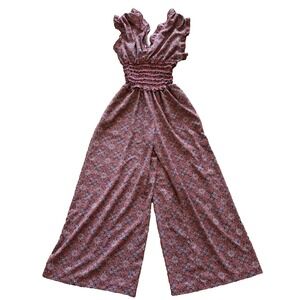 Max Studio Womens Red Paisley Medallion Smocked Wide Leg Jumpsuit Size L Large